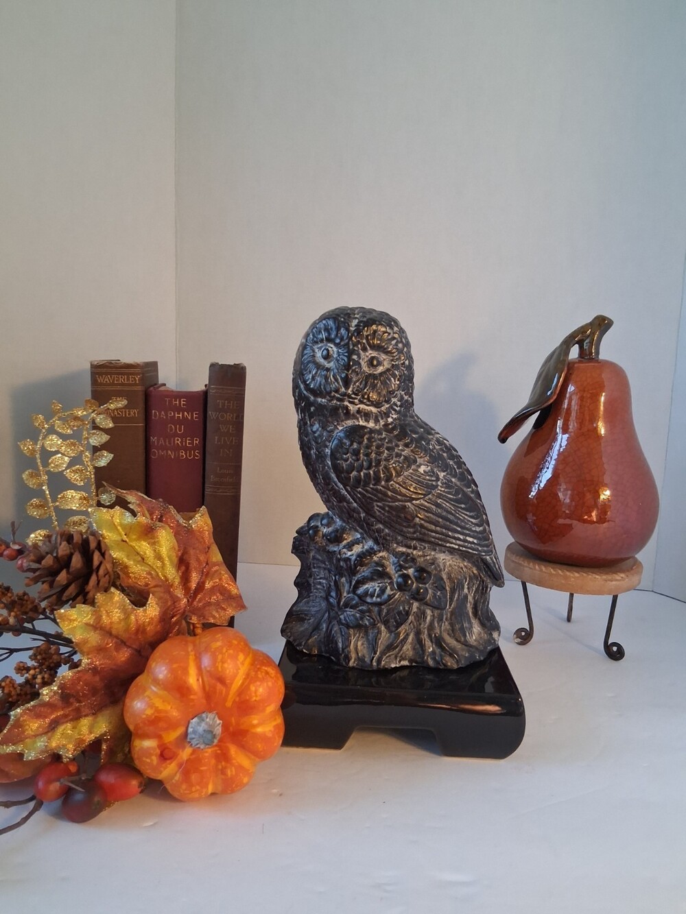 VTG!Jolin Canada Soapstone Owl Figurine Sculpture Heavy 3+lb Gold Foil Label;EUC